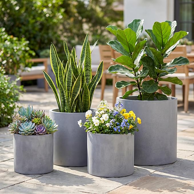 FaithLand 14 Inch Fiberstone Planter - Lightweight Modern Cylinder Plant Pot with Drainage Hole & Plug, Authentic Concrete Look, Gray