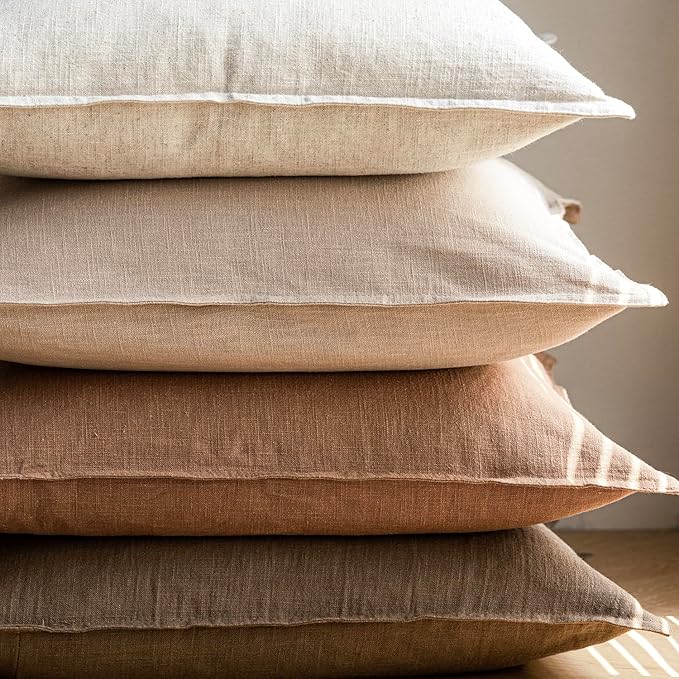 Foindtower Pack of 2, Decorative Linen Soild Throw Pillow Covers Soft Accent Cushion Case Boho Farmhouse Pillowcase for Chair Couch Sofa Bedroom Living Room Home Decor 16 x 16 Inch Light Khaki Brown