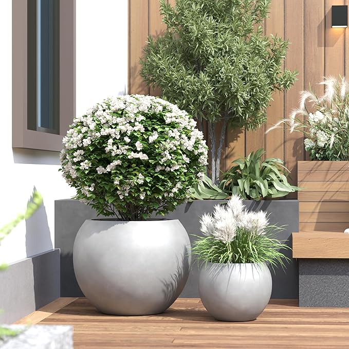 DTY Mount Sherman 16.1'' D x 13.6'' H (Pot Opening 11.8") Fiberstone Round Planter with Drainage Hole, Smooth Finishes, Weather Resistant for Indoor and Outdoor, 2 Extra Coco Mats - Gray, Medium
