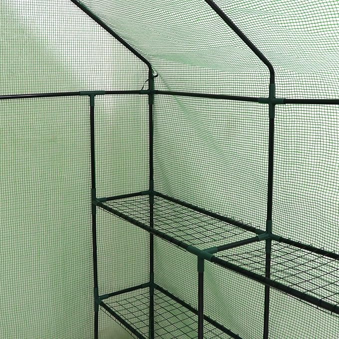 2 Tiers 8 Shelves Walk-in Green House, Portable Greenhouse w/Durable PE Cover, Roll Up Zipper Door, Steel Frame Greenhouse w/ Ground Pegs, Ropes for Garden, Patio, Backyard