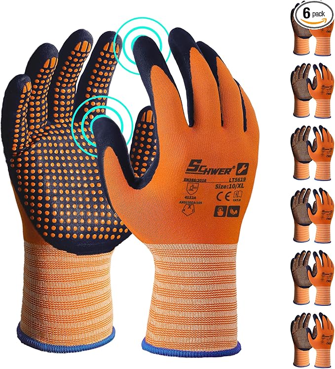 Schwer 6 Pairs Safety Work Gloves MicroFoam Nitrile Coated, Certified Level 6 Abrasion & A1 Cut Resistant Working Gloves with MicroDot Grip, Touchscreen, Used for General Work, Gardening, LT5619, XL