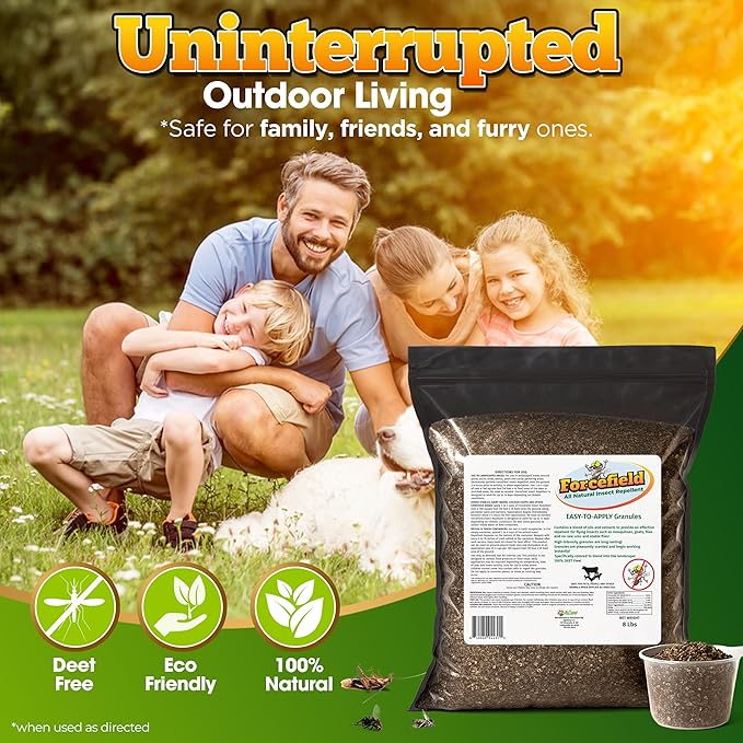 ForceField Natural Mosquito Yard Treatment - Repellent Granules for Backyard Mosquito Control | Pet Safe, DEET-Free Outdoor Control | Long-Lasting Barrier for Lawns, Patios, & Barns 8 LB