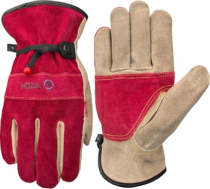 WZQH Leather Work Gloves for Women, Medium Glove for Gardening, Tig/Mig Welding, Construction, Chainsaw, Farm, Ranch, etc. Cowhide, Cotton Lined, Utility, Firm Grip, Durable. Rose Red - Grey M
