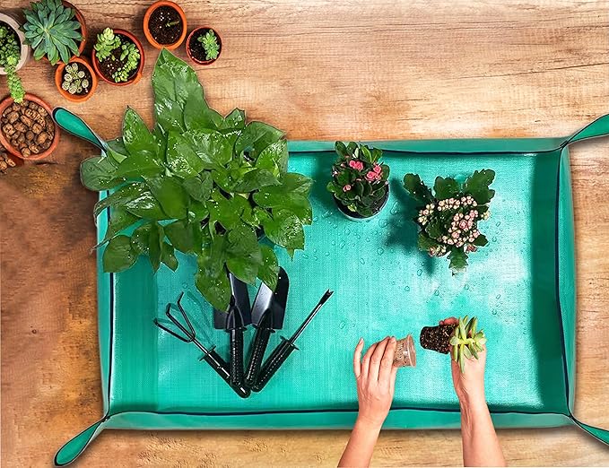 BIUWING 2PCS Repotting Mat for Indoor Plant Transplanting and Mess Control, 43" X 29" Waterproof Plant Potting Mat Foldable Gardening Succulent Plant Mat Large, with 30 Pieces Pot Hole Mesh Pads
