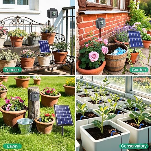 NFESOLAR 4W Solar Powered Automatic Drip Irrigation Kit with LCD Timer, Customizable Watering Duration 1–30min & Interval 3h–7d, Solar Irrigation System for 15 Potted Plants, Garden, Patio, Vacation