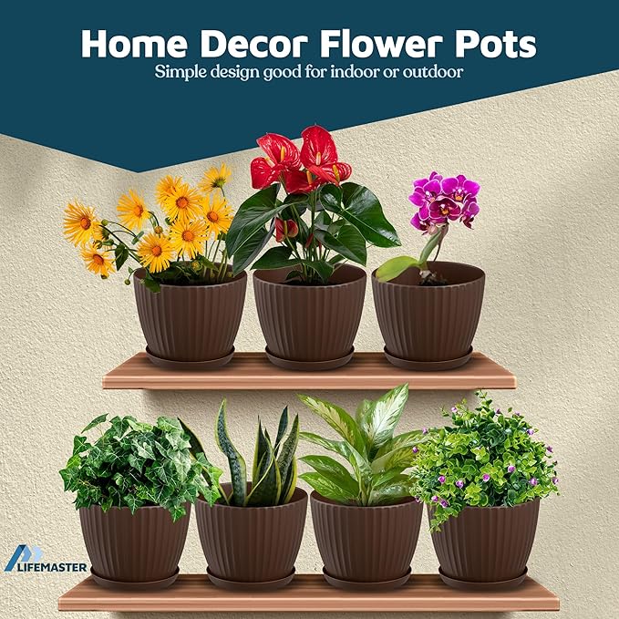 Brown 6-Inch Plant Pots with Drainage & Saucers 24 Pack, Indoor & Outdoor Planters for Houseplants, Herbs, and Flowers, Durable & Weatherproof Material, Stackable, Lightweight, Minimalist Design