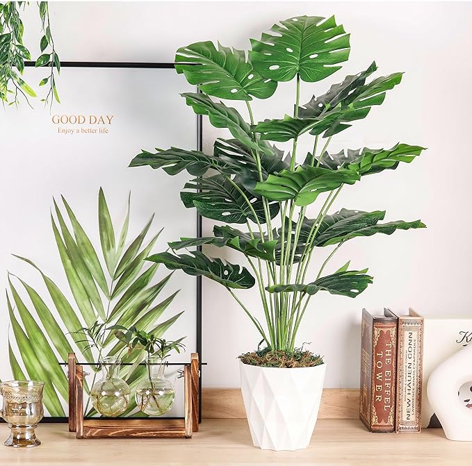 Der Rose 28" Tall Fake Plants Large Artificial Monstera Faux Potted Plants Indoor with White Pot for Home Office Living Room Decor