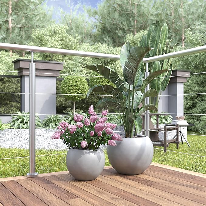 DTY Mount Sherman 12.6" D x 10'' H (Pot Opening 8.5") Fiberstone Round Planter with Drainage Hole, Smooth Finishes, Weather Resistant for Indoor and Outdoor, 2 Extra Coco Mats - Gray, Small