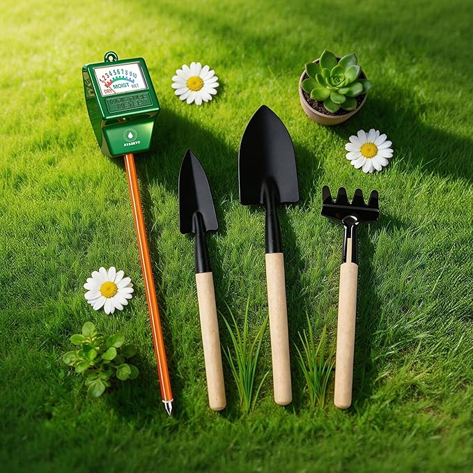 Soil Moisture Meter Garden Tools Set - 4 in 1 Plant Water Meter with Mini Shovel, Trowel & Hand Rake for Indoor Outdoor Plants, Succulents, Bonsai, Houseplants