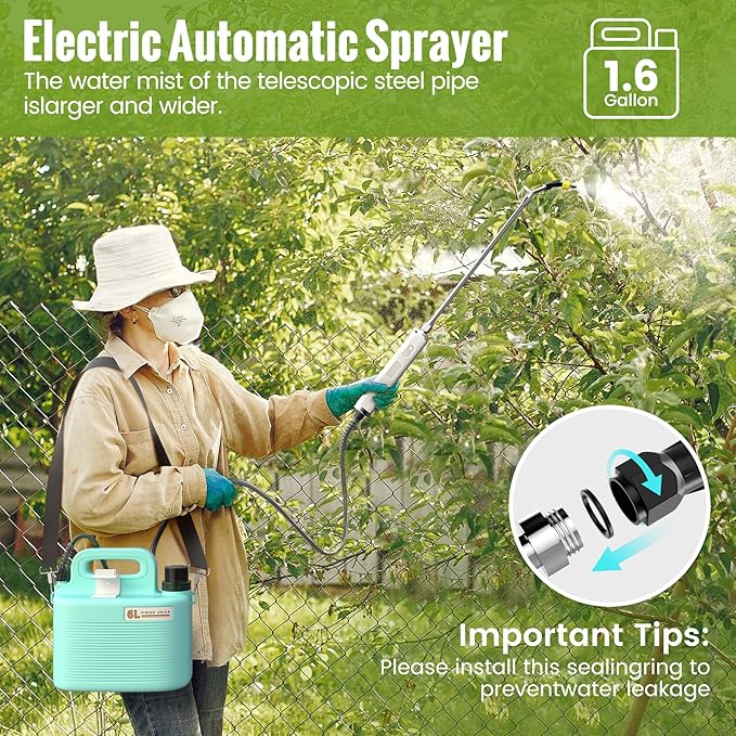 Battery Powered Sprayer 1.8 Gallon, 2025 Upgraded Electric Weed Sprayer with Pump, Battery Indicator, Rechargeable Handle,4 Mist Nozzles,23.6" Retractable Wand,Shoulder Strap, for Lawn&Garde