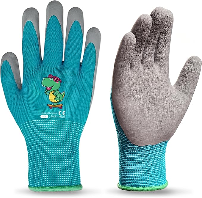 KDK Ages 5-7 Kids Gardening Gloves,Yard Work Gloves for Toddlers, Youth, Girls, Boys, Childrens, Soft Safety Rubber Gloves (XXS Age 5-7, 1 Pair Blue Dinosaur)