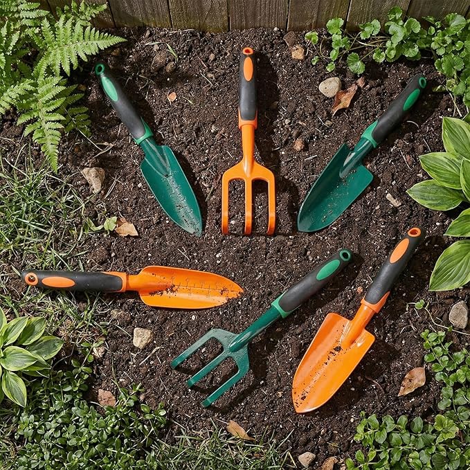 Yaocom 6 Pcs Colorful Garden Tools Set Heavy Duty Gardening Tools Set Include Garden Shovel Transplant Trowel and Hand Rake with Ergonomic Handle Aluminum Alloy Lawn for Planting Gifts Men Women