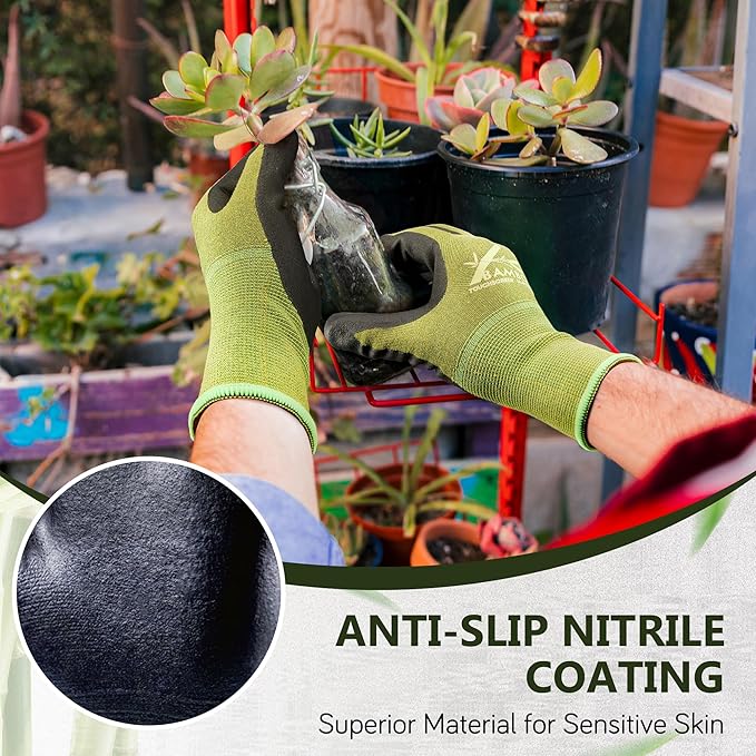 COOLJOB 2 Pairs Gardening Gloves for Women and Men, Bamboo Working Gloves Touchscreen, Grippy Nitrile Rubber Coated Work Gloves, Green/Black, X-Large Size (2 Pairs XL)