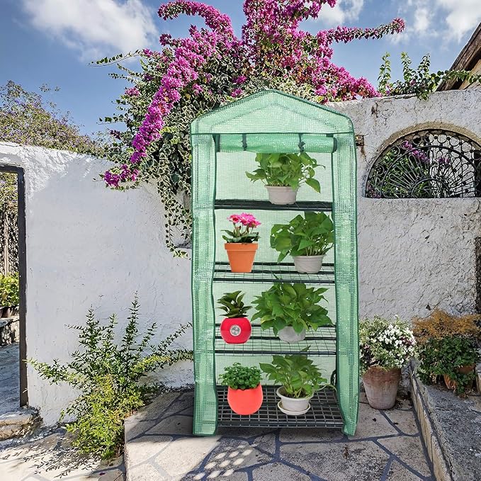 4-Tier Mini Greenhouse Portable Garden Grow Plants Flower Seedings Green House w/PE Cover, Roll-Up Zipper Door and Metal Frame 27.25"(L) X 19"(W) x 63"(H)