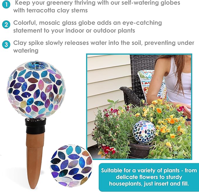 Sunnydaze Mosaic Glass Plant Watering Globe with Clay Spike - Decorative Self-Watering Planter Insert - Water Dripper for Plants - 9.5" - Spring Petals