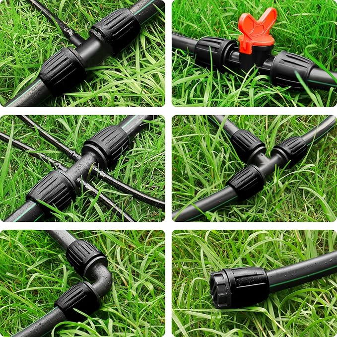 Drip Irrigation Fittings Kit for 1/2 Inch Drip Tubing, 20 Pieces Set 1/2'' Drip Line Anti-Drop Barbed Locked Nut Connectors - 4 Tees 4 End Caps 3 Valves 2 Elbows 7 Reducing Tee Connectors