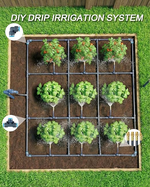 Drip Irrigation System 360° Adjustable - 2026 Upgraded 50FT Garden Watering System with 16 Nozzles and 90° Elbow, Greenhouse Drip Irrigation Kit for Garden, Yard, Lawn, Plants, 5/16in HDPE Hose(Gray)