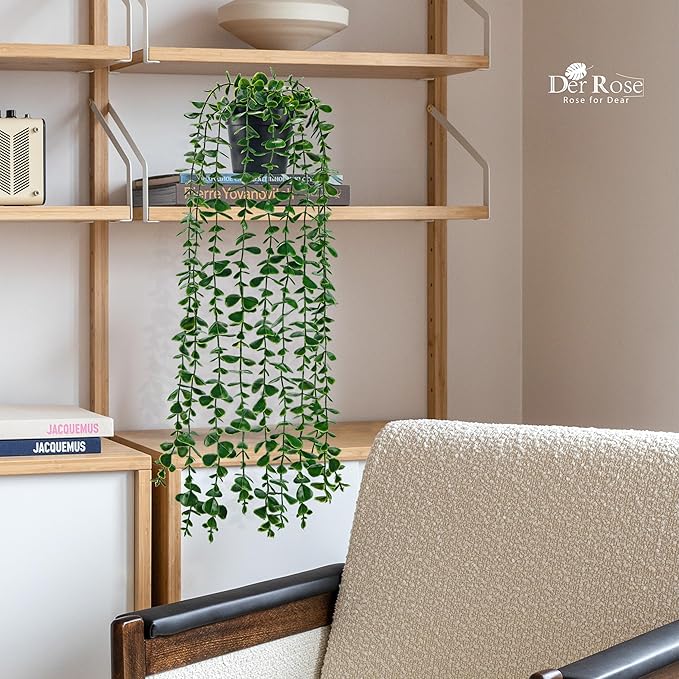 Der Rose 24.8'' Fake Hanging Plants Artificial Potted Eucalyptus Vine Plants Indoor and Outdoor for Office Home Living Room Bathroom Wall Shelf Decor (1Pack)