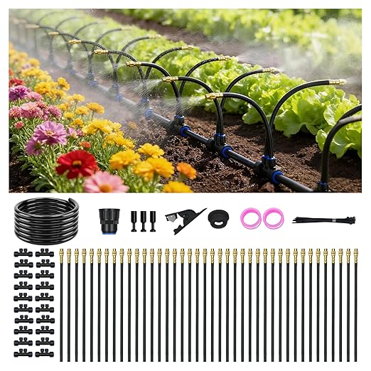 Drip Irrigation System for Garden, Automatic Watering System with Adjustable 360° Copper Spray Nozzles, DIY Drip Irrigation Kit for Yard, Lawn, Greenhouse, Raised Beds & Potted Plants (66FT)