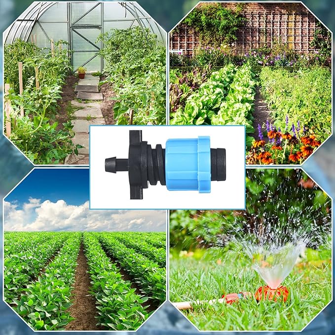 Frienda 50 Pcs Drip Irrigation Kit, 1/4" Barb for 5/8" Drip Tape, Twist Locks, Blue PP Plastic, Suitable for Gardens, Landscaping