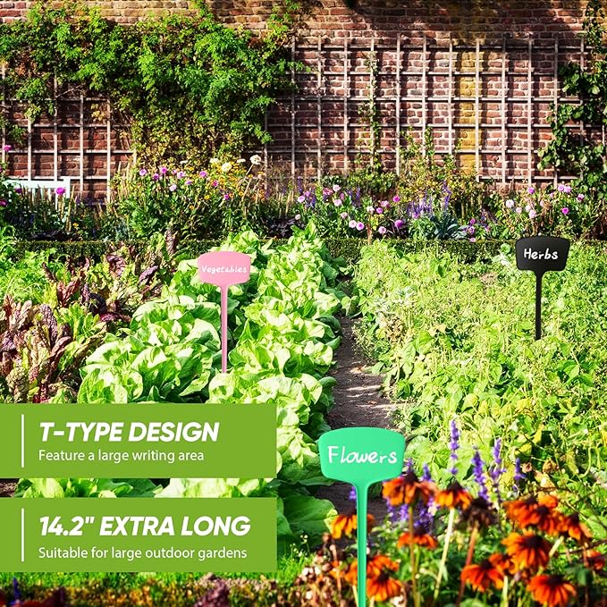 Colingmill 50 Pcs 14.2 Inch Plastic Plant Labels Tags T Type Plant Markers with Pen for Outdoor Indoor Garden Pot Herbs Flowers Vegetable(Multicolor)