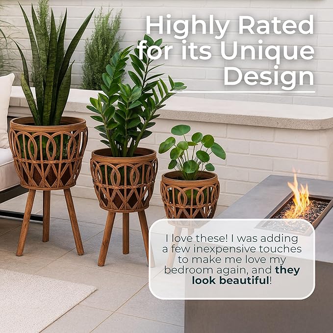 Handcrafted Bamboo Planters with Wooden Legs as Home Decor - Timeless Flower Pots for Entryway and Garden - Patterned Plant Pots for Outdoor and Indoor Plants - Set of 3, 26", 23", 20", Brown