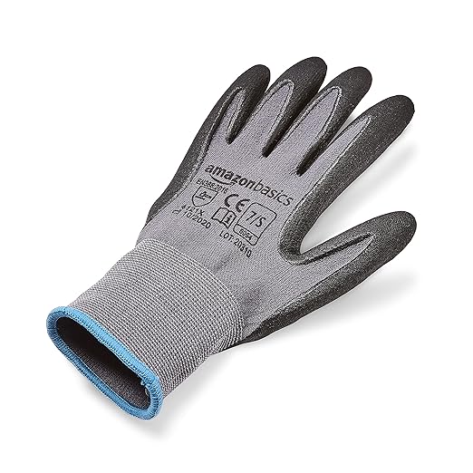 Amazon Basics Micro-Foam Nitrile Coated Safety Work Gloves, Nylon Liner Fiber, Touch Screen Compatible, Grey, Size 7 (S), 6-Pack