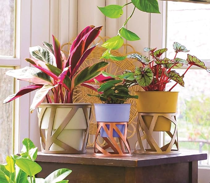 The HC Companies 6 Inch Indoor Plant Pot with Stand – Small Honey Colored Curio Planter with a Geometric Stand in an Antique Bronze Finish