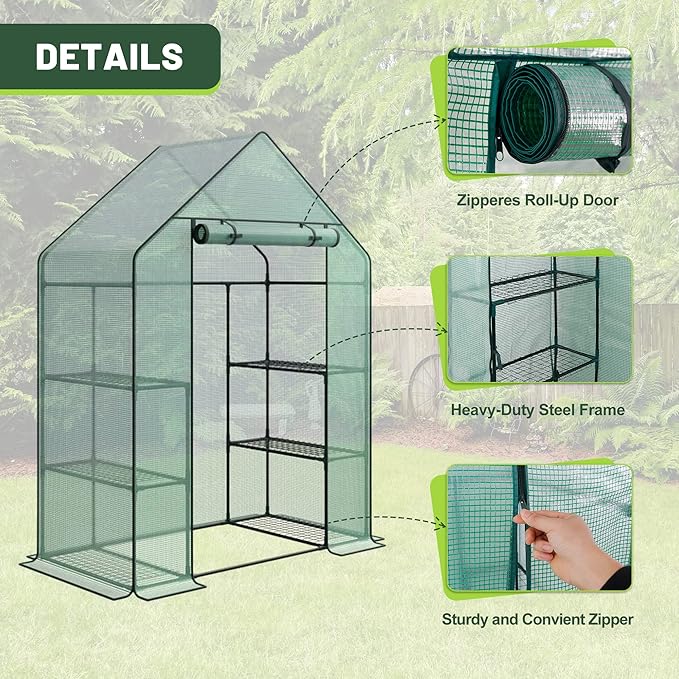 3 Tier 6 Shelves Mini Walk-in Greenhouse, 56 x 28 x 76 inch, Durable PE Cover Green House Kit with Anchors and Ropes, Outdoor Plant Gardening Hot House for Growing Vegetables, Flowers