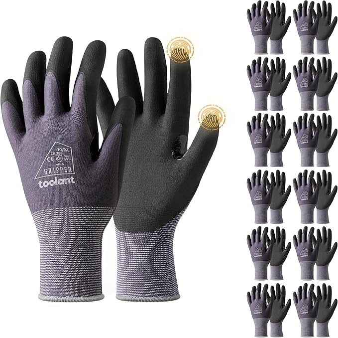 toolant 6/12 Pairs MicroFoam Nitrile Coated Safety Work Gloves, Breathable Nylon Working Gloves Men with Grip,Touchsreen