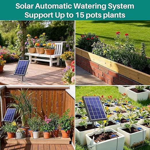 Biling 3.5W Solar Drip Irrigation Kit, 15M Automatic Watering System with Multi Modes, Vacation Plant Watering Solution for Garden, Greenhouse, Patio (15 Drippers)