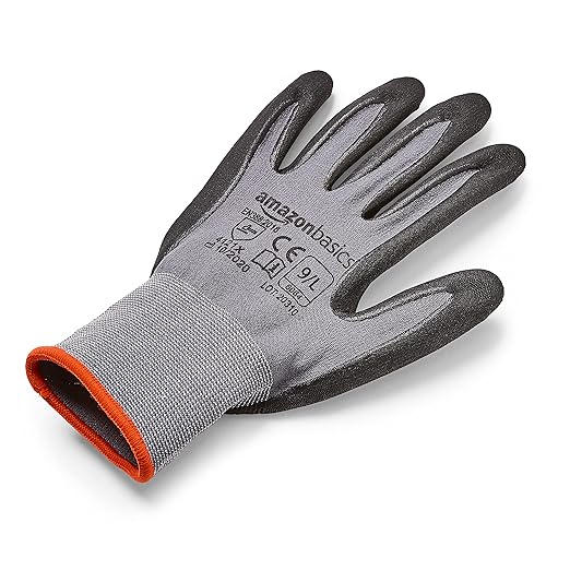Amazon Basics Micro-Foam Nitrile Coated Safety Work Gloves, Nylon Liner Fiber, Touch Screen Compatible, Grey, Size 9, Large, 6-Pack