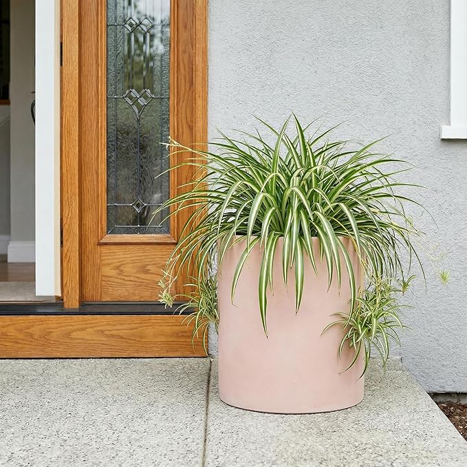 FaithLand 12 Inch Fiberstone Planter - Lightweight Modern Cylinder Plant Pot with Drainage Hole & Plug, Indoor Outdoor Use, Terracotta Color