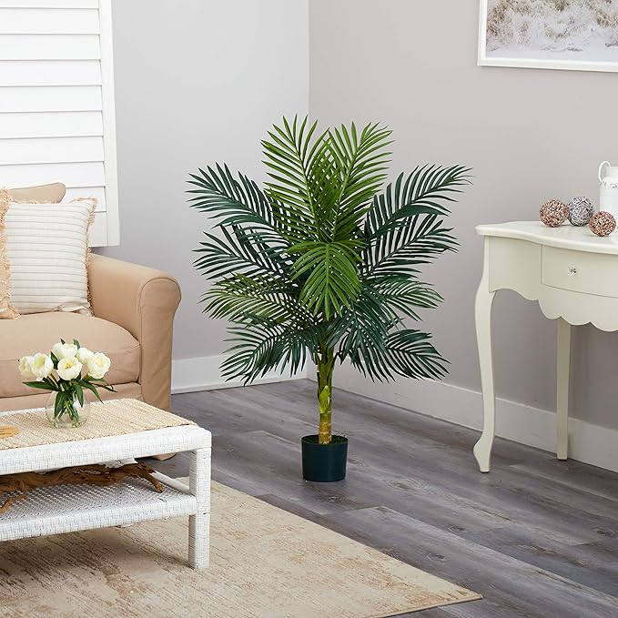 Nearly Natural 4ft Golden Cane Palm, Double Stalk Artificial Tree With Lush Realistic Foliage Maintenance Free Indoor Faux Palm Plant For Living Room, Easy Setup, Perfect Tropical Decoration