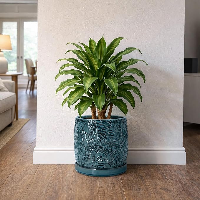 D'vine Dev 10 Inch Embossed Leaves Stoneware Planter Pot with Drainage Hole and Saucer, Ocean Teal, 27-A-P-8