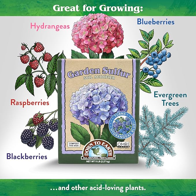 Down To Earth All Natural Fertilizers Organic Garden Sulfur Acidifier - Soil Amendment Lowers Soil pH for Hydrangeas, Berries, Evergreens, 5 lb