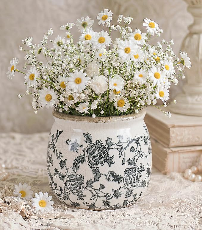 DREAMLOOM Vintage Ceramic Planter for Indoor Plants,6.1" Ice Crack Cottage Scroll Vase Tuscan Decor Flower Pots with Drainage Holes Home Kitchen Farmhouse Antique Decorative Gift (Grey-Round)