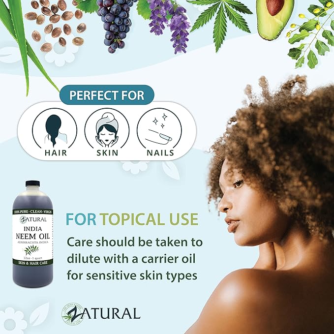 Zatural 100% Pure Neem Seed Oil | Cold Pressed, Undiluted Natural Oil for Skin Conditioning, Hair Moisture & Botanical Blending (32 Fl Oz)