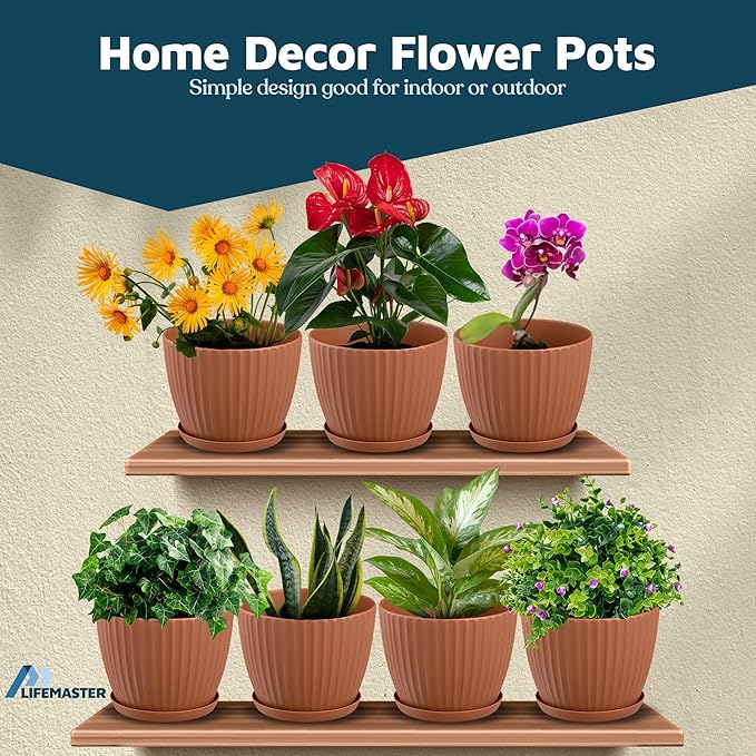Terracotta 6-Inch Plant Pots with Drainage & Saucers 12 Pack, Indoor & Outdoor Planters for Houseplants, Herbs, and Flowers, Durable & Weatherproof Material, Stackable, Lightweight, Minimalist Design