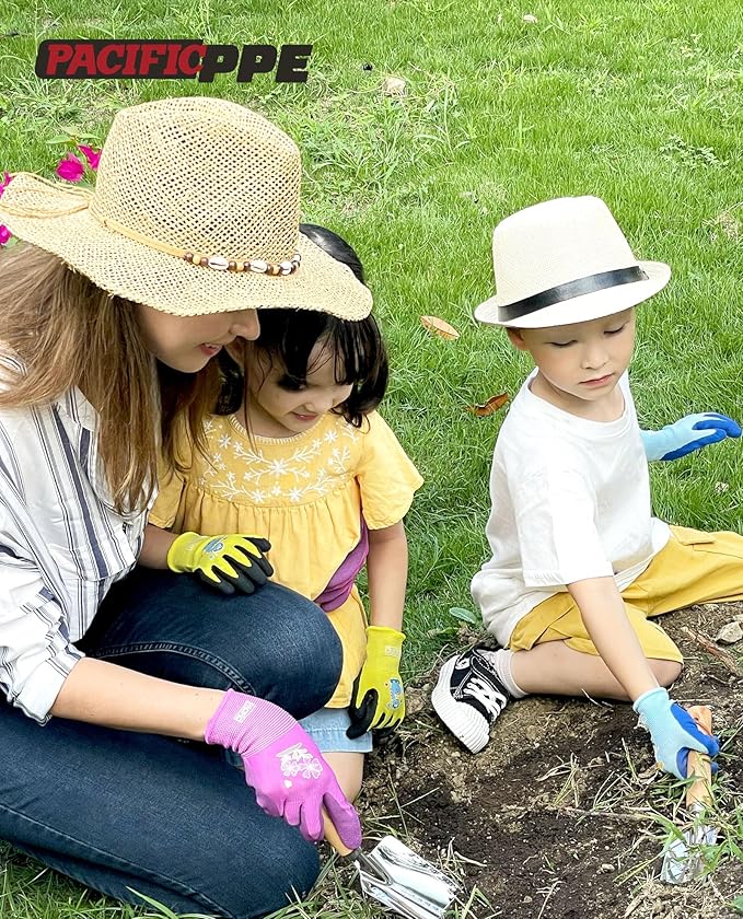 PACIFIC 3 Pairs Kids Gardening Gloves for Age 8-12, Toddler Rubber Coated Garden Gloves, Kids Work Gloves, for Children, Boys and Girls, Multicolor, XS