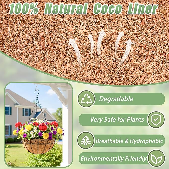 2 Pack 12 Inch Hanging Baskets for Plants Outdoor Metal Hanging Planters Round Hanging Flower Pots with Coco Coir Liner Plant Holder for Outdoor Patio Garden Balcony Decor - Flower Border