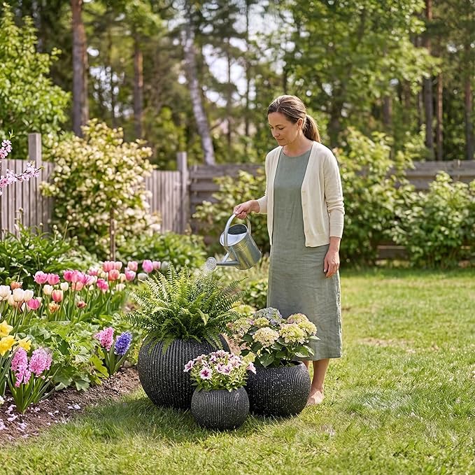 DTY Mt Sherman 16.1'' D x 13.6'' H (Pot Opening 11.8") Fiberstone Round Planter with Drainage Hole, Smooth Finishes, Weather Resistant for Indoor and Outdoor, 2 Extra Coco Mats - Ribbed Black, Medium