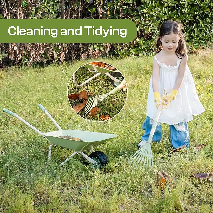 ROBUD Kids Wheelbarrow Set, Green Metal Toddler Wheelbarrow with Shovel, Hoe, Broom & Gloves, Kid Gardening Set for Kid to be Closer to Nature, WRP43