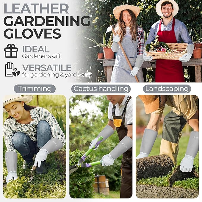 HANDLANDY Long Gardening Gloves for Men & Women, Thorn Proof Rose Pruning Gloves Leather Gauntlets Garden Glove Yard Work Glove (Silver Gray, Small)