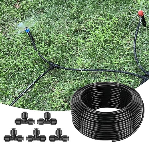 50FT 1/4 Inch Drip Irrigation Tubing with 5 Pack Push-to-Connect 1/4" Tee Connectors, Distribution Drip Line Hose & Universal Tee Fitting, for Drip Irrigation Parts or Drip System and Misting System