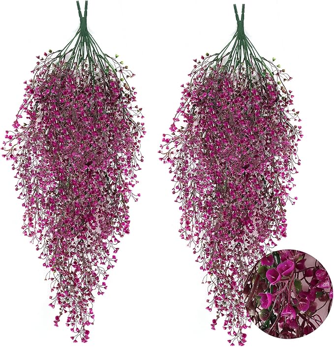 RECUTMS Hanging Fake Vines Artificial Hanging Plants Greenery 4Pcs Faux Wall Vines Ferns with Plastic Flowers for Valentines Day Bedroom Indoor Outdoor Living Room Spring Decoration(Fuchsia)