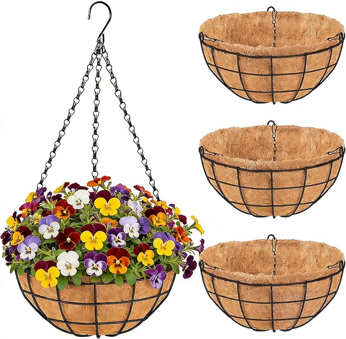 14 Inch Hanging Baskets for Plants Outdoor, 4 Pack Metal Round Wire Hanging Planters with Natural Thick Coco Liners, Garden Patio Decor for Flowers, Herbs, Succulents