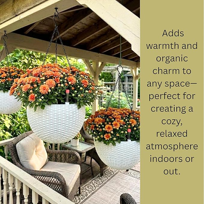 LaLaGreen Indoor Hanging Planter (11 Inch, 1 Pack) Self-Watering Round Flower Pot with Water Level Indicator, White Rattan Style Hanging Basket with Metal Chain for Balcony, Porch, Deck, Garden Decor