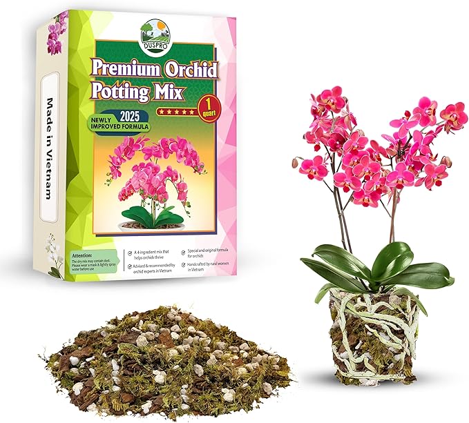 [Upgraded] DUSPRO Orchid Potting Mix for Repotting with Forest Moss, Pine Bark, Perlite & Pumice, Orchid Bark Potting Mix, Orchid Repotting Soil, Drainage Indoor Potting, Orchid Pot Not Included,1 QRT
