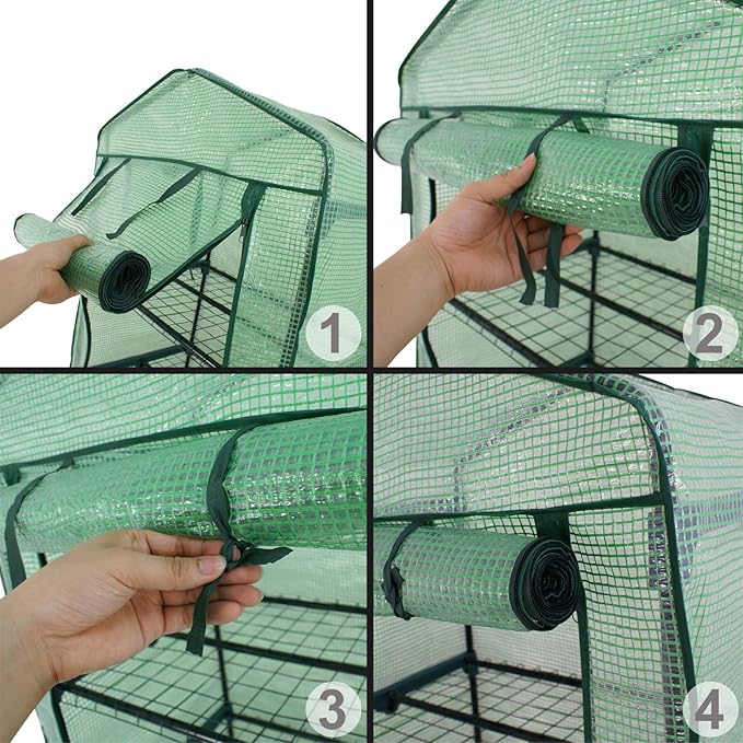 4-Tier Mini Greenhouse Portable Garden Grow Plants Flower Seedings Green House w/PE Cover, Roll-Up Zipper Door and Metal Frame 27.25"(L) X 19"(W) x 63"(H)